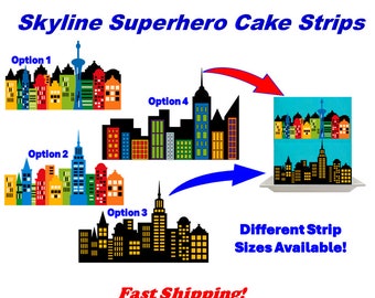 Edible Comic Book Superhero Buildings Cake Wraps and Strips. Building Silhouettes Wrap Around Sides of Cakes. Edible Skyline Cake Strips.