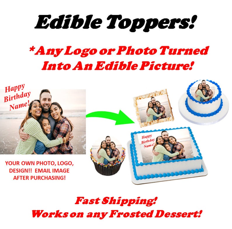 Custom Edible Photo Cake Image Picture on Frosting Paper, Custom Cupcakes Cookie Toppers Photographs Logos Decals, Sugar Sheet Paper Frosing image 1