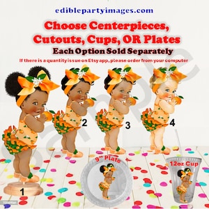 Little Cutie Orange Baby Girl Centerpiece, Cut Outs, Cups, or Plates.  Baby Shower Cutie Baby, Little Cutie Baby Plates, Cutie Baby Shower