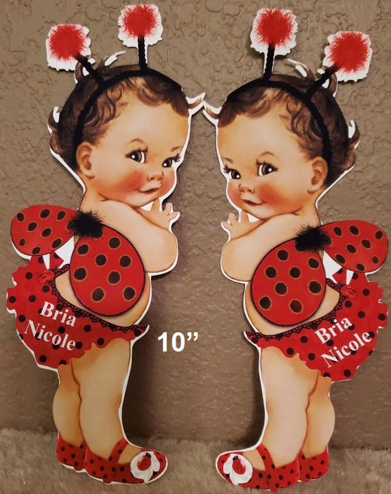 PRE CUT Red Black Ladybug Wings Dark and Medium Skin Baby Girl Centerpiece with Wood Stand OR Card Stock Cut Out Baby Centerpiece Birthday