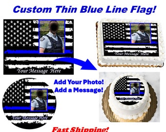 Foto de imagen personalizada para decoración de tarta con bandera azul fina. Imagen comestible de graduación de jubilación de oficial de policía, pastel de promoción policial, glaseado de azúcar