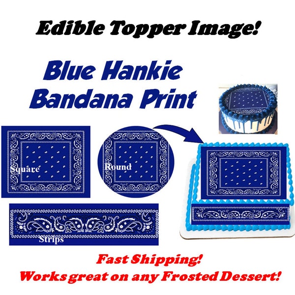 Blue Bandana Pattern Handkerchief Edible Topper Image for Cakes, Cupcakes, Cake Strips Wraps, Edible Hankie Tops, edible wrap around or top