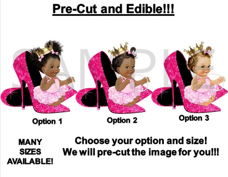 Sitting Afro Baby High Heels Pink Tutu Princess Baby Cake PRE-CUT Pink Ballerina Baby Sitting on Hot Pink Shoes EDIBLE Cake Topper Image