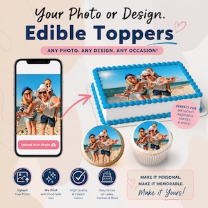 May include: Custom edible cake and cupcake toppers featuring a printed photograph of two people on a beach. The image shows a smartphone with an upload button, a rectangular cake with blue frosting borders, and a round cookie and cupcake topper.