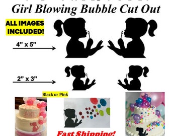 Girl Blowing Bubbles Silhouette Edible Cake Topper Image, Girl Silhouette Edible Sticker Decoration, Girl Blowing Silhouette Edible, Pre Cut