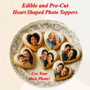 Edible Heart shaped photos for cookies, cupcakes, oreo&#39;s, and more! Your photo heart shaped on edible frosting paper. Comes already cut!