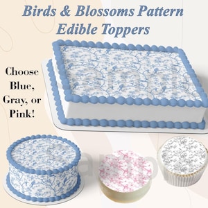 Birds and Blossoms Pattern Edible Topper for cakes, cupcakes, oreos, and more! Floral Bird Pattern in Blue, Pink, Gray. Chinoiserie Print