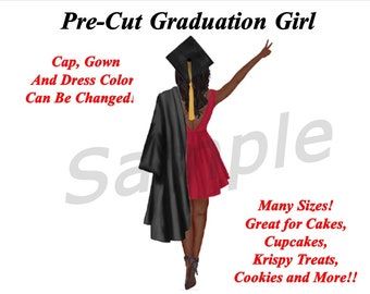 Afro Woman Graduate EDIBLE Topper Cake, Krispy, Cupcakes, Black Graduate Woman, Senior Afro Graduation Cake, Senior Cake, Graduate Peace Out