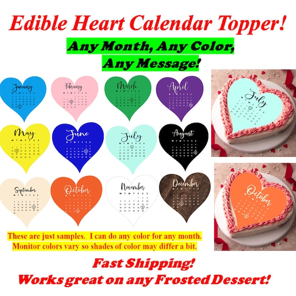 2024 Heart Shape Calendar Edible Cake Topper. For Birthdays, Weddings, Graduations and more! Sugar Frosting Sheet or Wafer Burn Paper