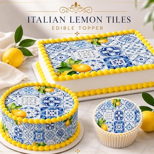 May include: Edible cake and cupcake toppers featuring a blue and white Italian lemon tile pattern. The rectangular, circular, and small round toppers are decorated with yellow lemon illustrations and bright yellow piped frosting borders.