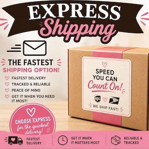 May include: A brown cardboard shipping box with a pink label featuring the text SPEED YOU CAN Count On! and logos for UPS and USPS. The image includes pink text and graphics promoting express shipping with phrases like THE FASTEST SHIPPING OPTION!