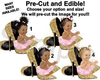 High Heel Shoes Baby Girl EDIBLE Cake Topper Image Frosting Sheet Cupcakes, Wheels or Heels Baby Shower, Gold Shoe, Pink Tutu, Pre Cut
