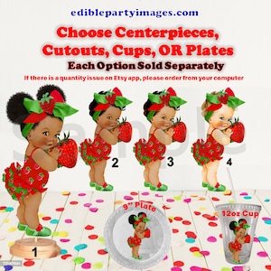 Sweet Strawberry Baby Girl Centerpiece, Cut Outs, Cups, or Plates. Red Green Head Bow, Strawberry Theme Baby Shower, Strawberry Baby Plates