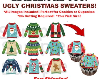 Pre-Cut Ugly Christmas Sweaters Edible Images for Cupcakes, Cookies, Oreos. Happy Holidays Frosting Paper Sweaters, Tacky Sweater Edible