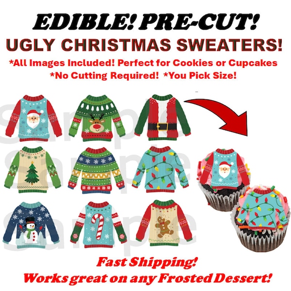 Pre-Cut Ugly Christmas Sweaters Edible Images for Cupcakes, Cookies, Oreos. Happy Holidays Frosting Paper Sweaters, Tacky Sweater Edible