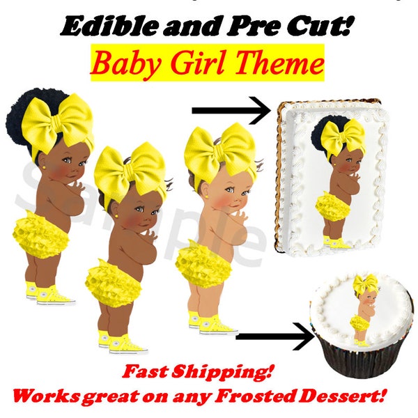 African American Baby Girl EDIBLE Image for Cake or Cupcakes, Baby Shower Cake, First Birthday Cake, Canary Yellow Sneakers Big Bow Baby