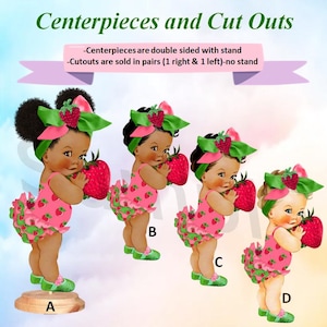 Sweet Strawberry Girl Centerpiece or Cut Outs.  A Berry Sweet Baby Centerpieces. Pink Green Big Head Bow. Strawberry Baby Shower Decorations