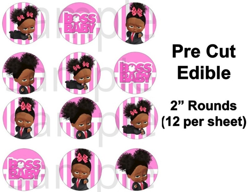 Pre Cut Pink And Black Boss Baby Girl Edible Cupcake Images Toppers Cake Decorations Boss Baby Girl Cupcakes Afro Boss Baby Pink Bows - 
