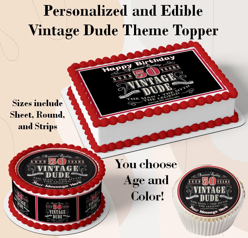 Adorno comestible para tarta de 50 años de estilo vintage, suministros para fiestas de estilo vintage, cupcakes para fiestas de estilo vintage, estilo vintage de cualquier edad o color.