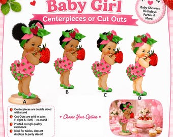 Sweet Strawberry Girl Centerpiece or Cut Outs.  A Berry Sweet Baby Centerpieces. Pink Green Big Head Bow. Strawberry Baby Shower Decorations