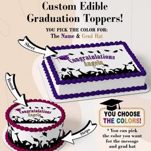 Edible Custom Graduation Topper for desserts! Perfect for high school, college, elementary. 2026 Graduation Edible. You pick color & text!