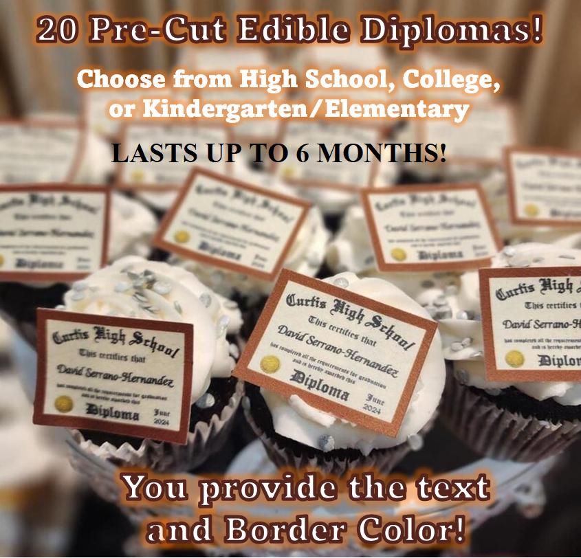 20 Edible Graduation diplomas for cupcakes or rice crispy treats. Frosting sugar paper Class of 2025 2026 miniature College High school tops