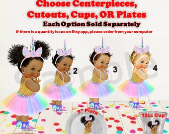 Princess Unicorn Baby Girl Centerpiece, Cut Outs, Cups, or Plates. Pastel Rainbow Tutu, Princess Baby Cups, Princess Baby Plates, Unicorn