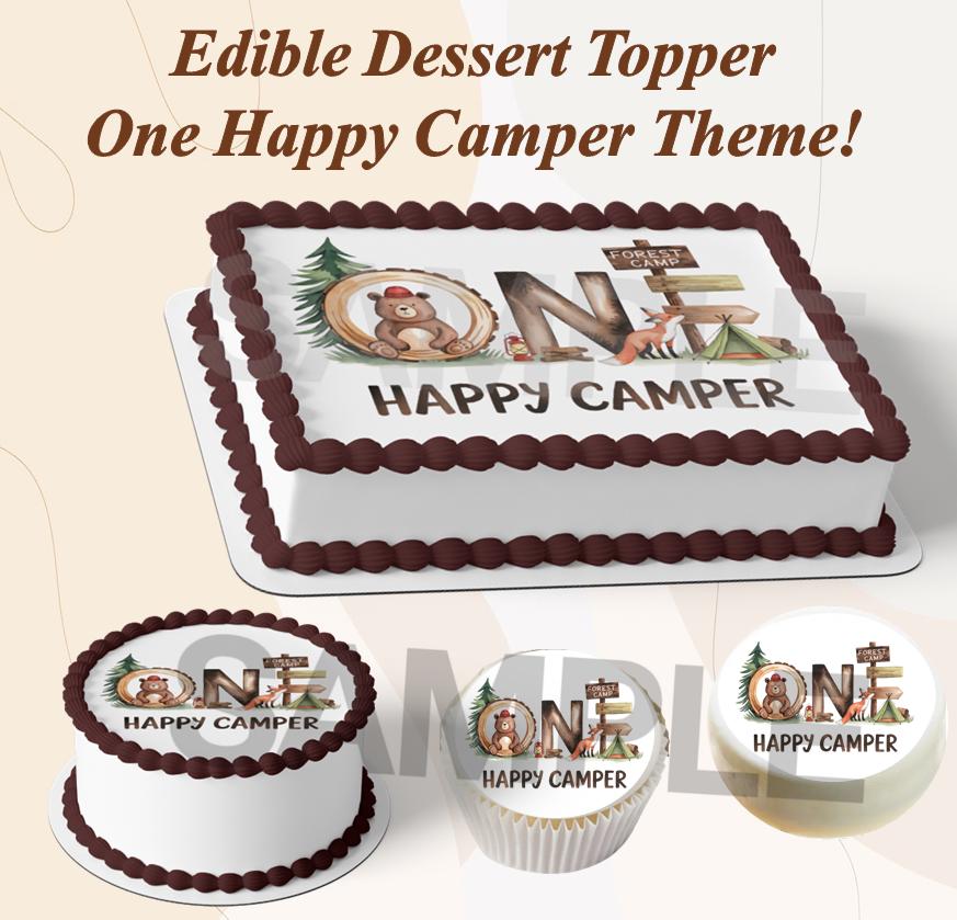One Happy Camper Edible Birthday or Baby Shower Cake Toppers. First Birthday Camper Topper, Sugar Frosting Camper Image, Happy Camper Easy