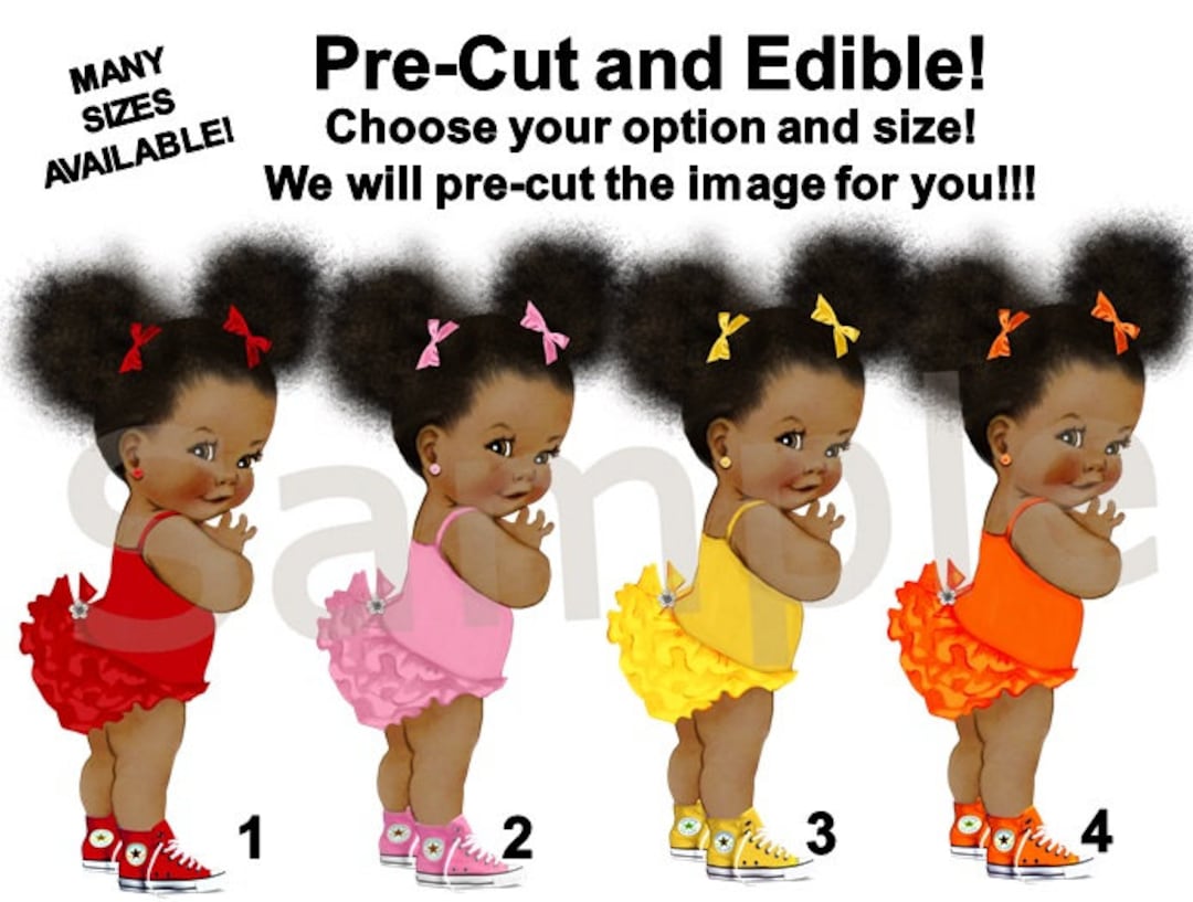 African American Baby Girl EDIBLE Cake Topper Image Cupcakes, Afro