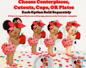 Sweet Strawberry Baby Girl Centerpiece, Cut Outs, Cups, or Plates. Pink Red Head Bow, Strawberry Theme Baby Shower, Strawberry Baby Plates