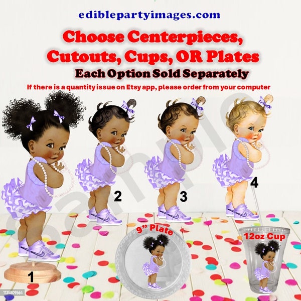 Ruffle Pants Baby Girl Centerpiece with Stand OR Cut Outs, Lavender Purple Sneakers, Baby Shower Centerpieces, Afro Ruffle Pants Baby Cutout