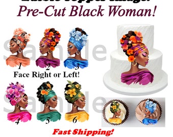 Black Woman Art Edible Image Topper for Cakes, Cupcakes, and Cookies. Afro Black Girl Head Scarf, Stunning Queen Diva Edible, Pre Cut Image