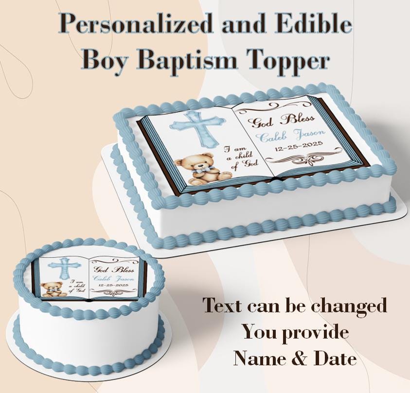 Personalized Baby Boy Baptism Edible Cake Topper, Customizable with Name & Date, Mi Bautizo Christening, Printed on frosting sugar paper