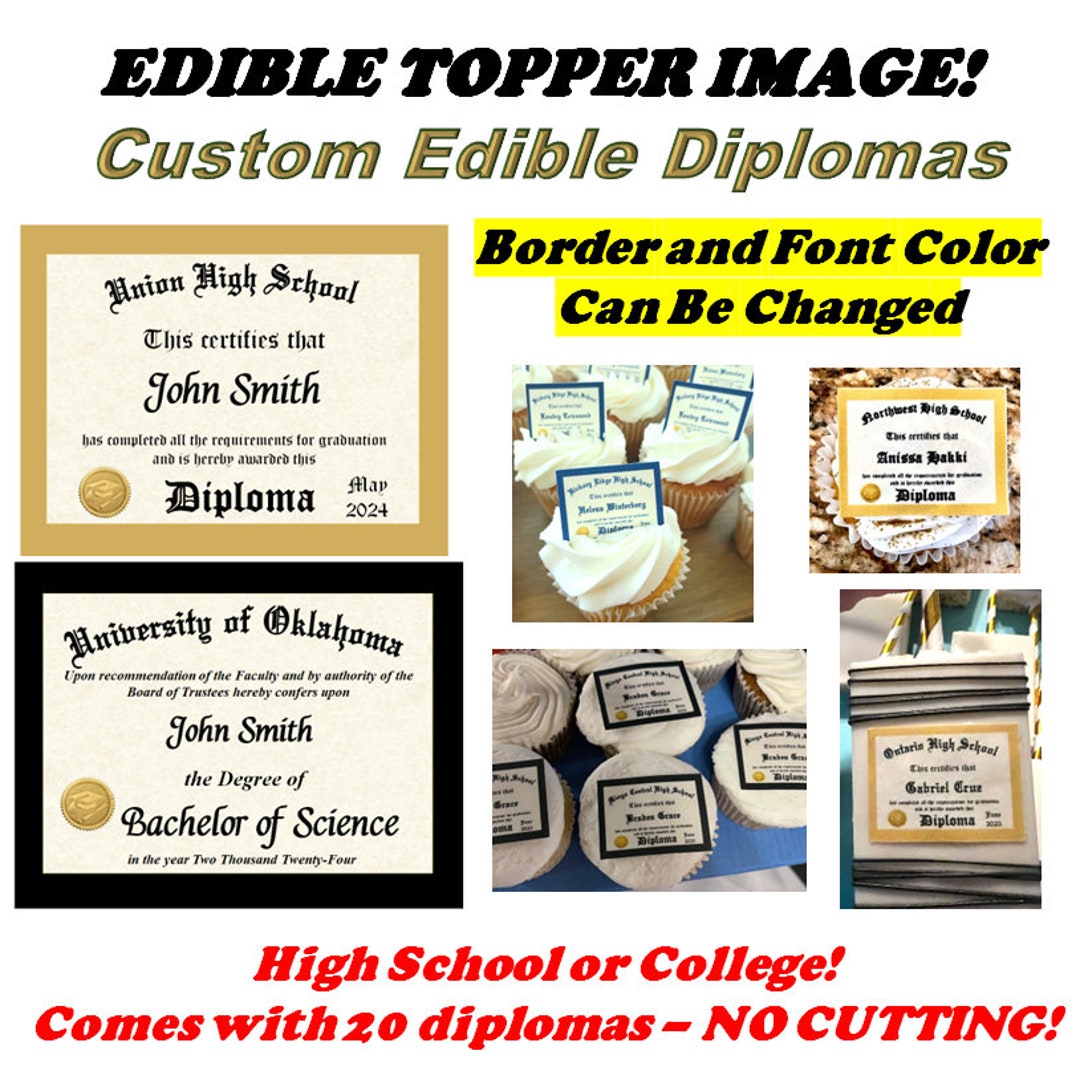 20 Custom Graduation Diplomas Edible Cupcake Toppers or Rice Crispy Treats. Class of 2024 ...
