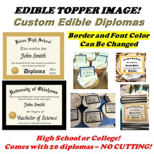 20 Custom Graduation Diplomas Edible Cupcake Toppers or Rice Crispy Treats. Class of 2024 Miniature High School or College. Frosting Sugar