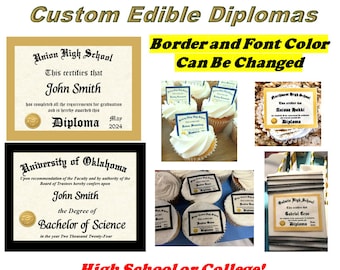 20 Custom Graduation Diplomas Edible Cupcake Toppers or Rice Crispy Treats. Class of 2024 Miniature High School or College. Frosting Sugar