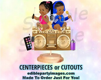 Hip Hop Beats Beauty Twin Babies Centerpieces with Stand OR Cut Outs, Gender Twins Centerpieces, Hot Pink Royal Blue, Beauty Beats Boombox