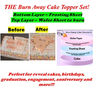 Custom Burn Away Cake Edible Image Topper Set. You get 1 edible wafer & edible frosting. Gender Reveal, Save the Date, Star Shape, Heart image 1