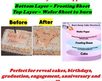 Custom Burn Away Cake Edible Image Topper Set. You get 1 edible wafer & edible frosting.  Gender Reveal, Save the Date, Star Shape, Heart