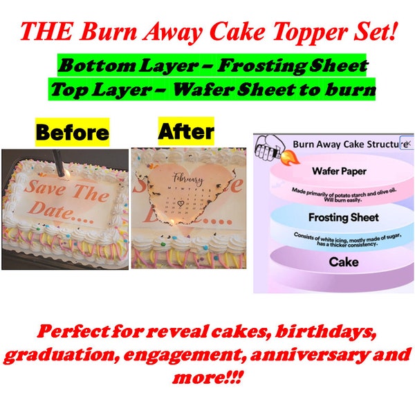 Custom Burn Away Cake Edible Image Topper Set. You get 1 edible wafer & edible frosting.  Gender Reveal, Save the Date, Star Shape, Heart