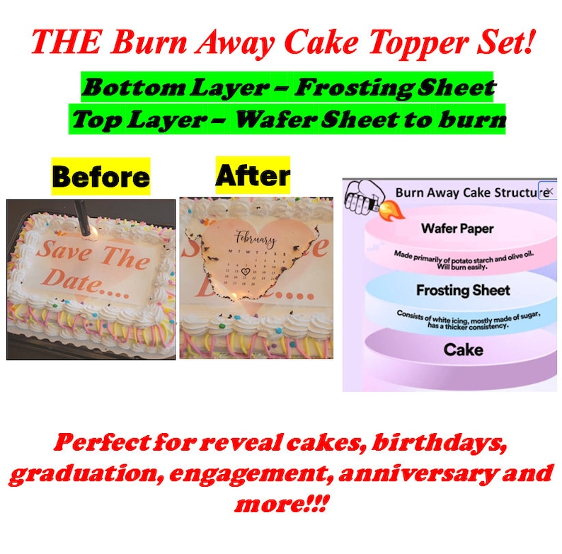 Custom Burn Away Cake Edible Image Topper Set. You get 1 edible wafer & edible frosting. Gender Reveal, Save the Date, Star Shape, Heart image 1