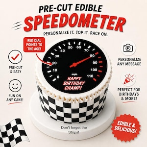 May include: A round cake topper featuring a black speedometer graphic with a red needle pointing to 20, white numbers, and the text HAPPY BIRTHDAY CHAMP! The side of the cake is wrapped in a black and white checkered pattern, resembling a racing flag.