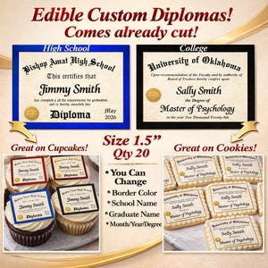 20 Edible Graduation diplomas for cupcakes or rice crispy treats. Frosting sugar paper Class of 2026 miniature College High school tops