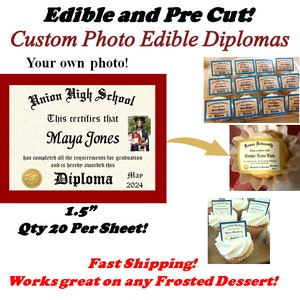 20 Graduation Diplomas Edible Cupcake Toppers or Rice Crispy Treats, Frosting Sugar, Miniature Pre Cut Diplomas, High School College Name