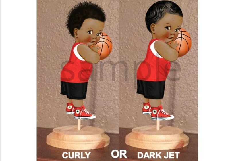Pre Cut Red And Black Curly Afro Baby Boy Holding Basketball Centerpiece With Wood Stand Or Card Stock Cut Out Affordable Afro Decorations - 