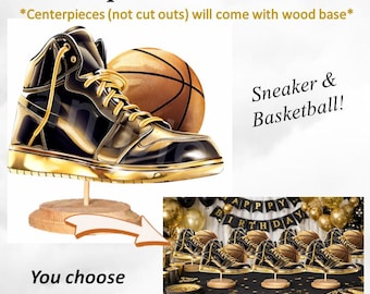 Sneaker and Basketball Centerpieces or Cut Outs, Sneaker Ball Theme, Black and Gold, Sneaker Centerpieces, Sneaker Cut Outs, Sports Decor