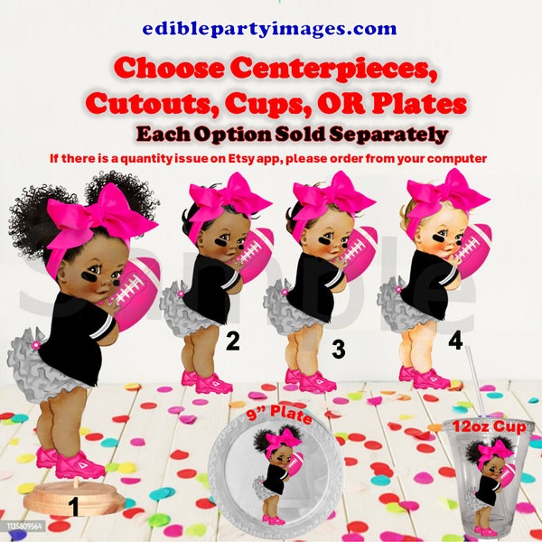 Football Baby Girl Centerpiece, Cut Outs, Cups, or Plates. Gray Ruffle Pants, Hot Pink Head Bow Sneakers, Football Girl Cups, Football Baby
