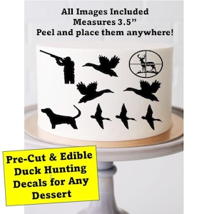 May include: Edible duck hunting cake decorations.  The set includes a hunter with a gun, a deer in a crosshair, a dog, and several ducks.  The decals are pre-cut and measure 3.5 inches.