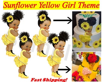 Yellow Sunflower Baby Girl EDIBLE Cake Topper Image Sugar Sheet Cupcakes, Yellow Ruffles Sneakers, Sunflower Baby Cake, Pre Cut Edible Baby