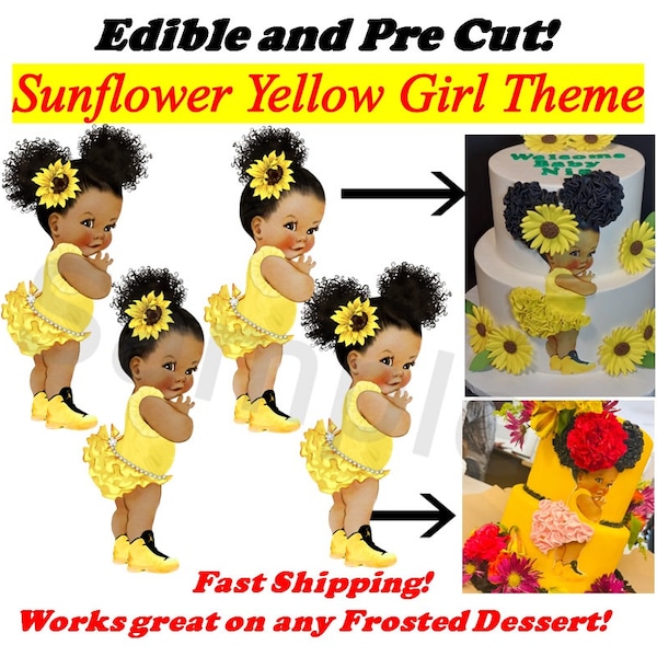 Yellow Sunflower Baby Girl EDIBLE Cake Topper Image Sugar Sheet Cupcakes, Yellow Ruffles Sneakers, Sunflower Baby Cake, Pre Cut Edible Baby